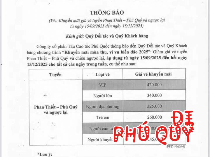 THÔNG BÁO GIẢM GIÁ VÉ TÀU TRƯNG TRẮC, Đi Phú Quý