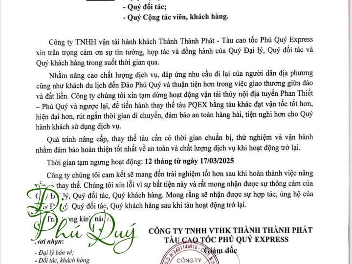 Thông báo Tạm ngưng khai thác tuyến Phan Thiết - Phú Quý và ngược lại của tàu Phú, Đi Phú Quý